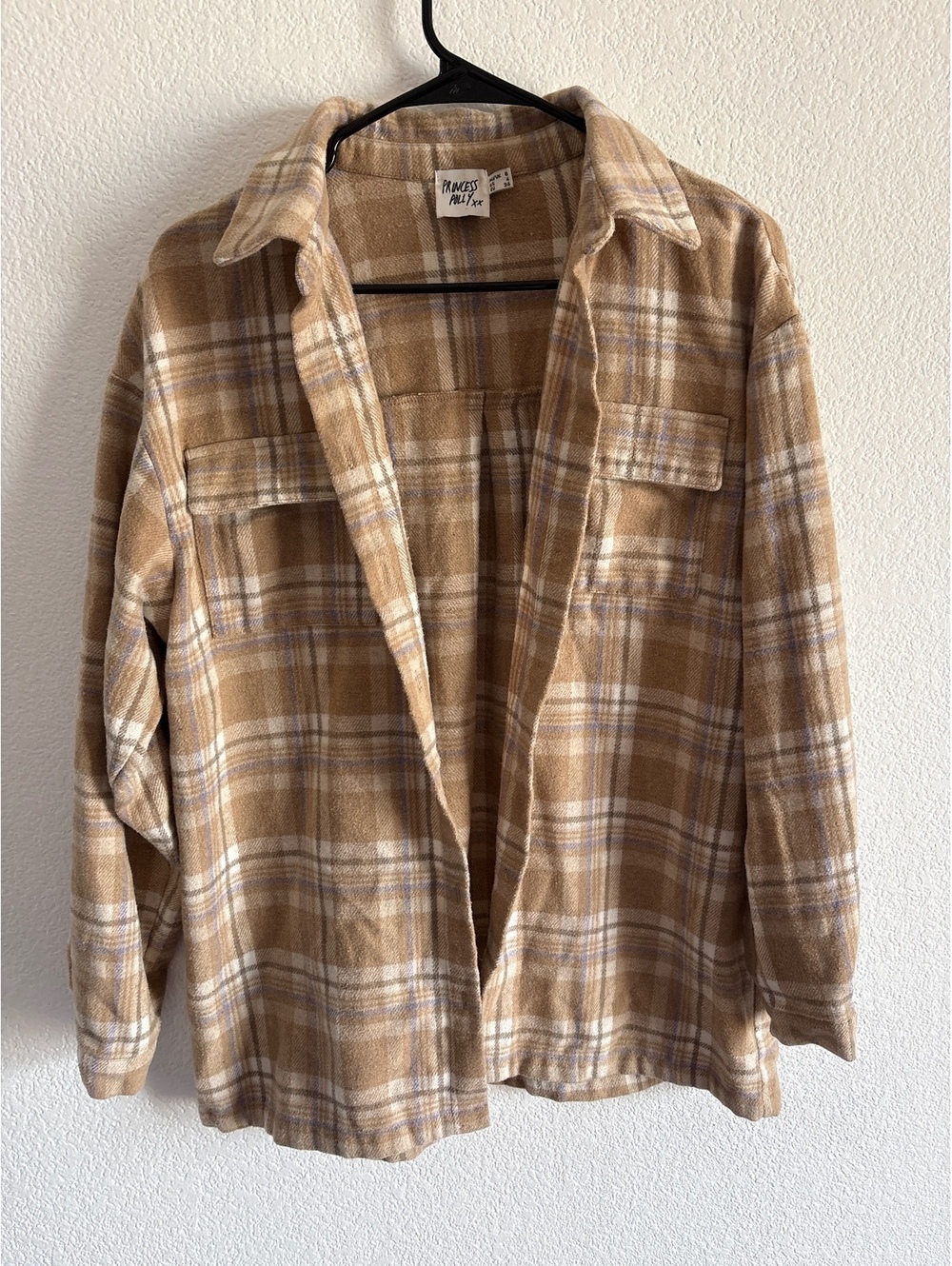 Princess Polly Beige Plaid Button-Up Shirt Jacket, Size US 4